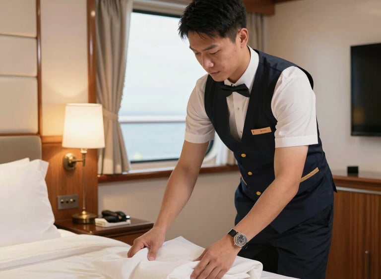 A cruise ship dining room with attentive staff serving guests with smiles.