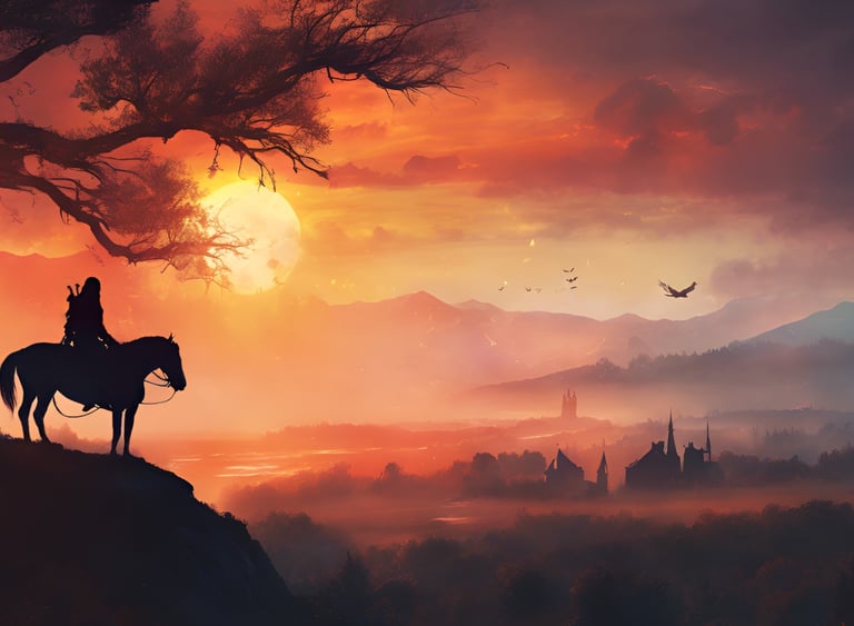 Artwork for Valah's soundtracks, featuring a silhouette of a Witcher against an orange sunset.