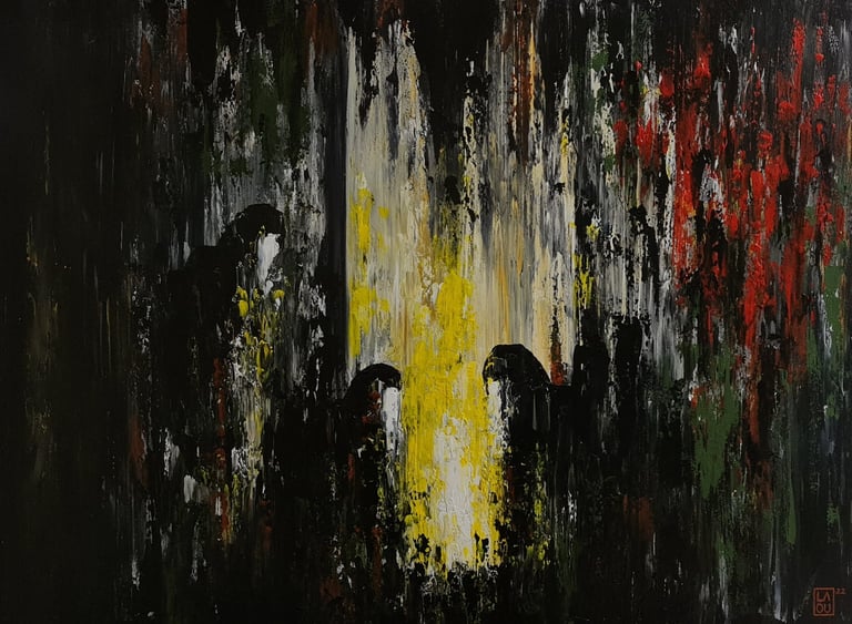 a painting of a group of refugee people