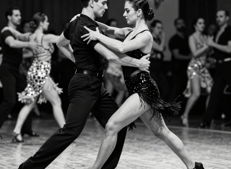 A lively group of diverse students dancing salsa together in a bright studio.