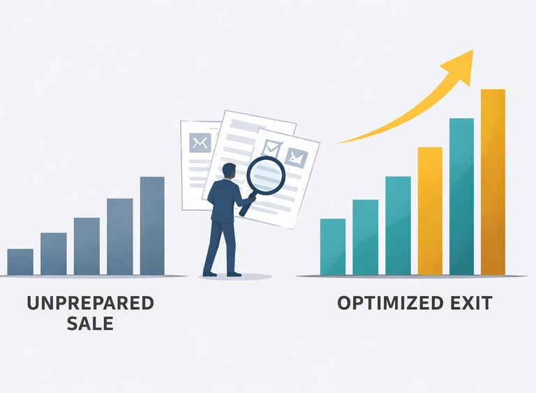Chart comparing agency valuation scenarios with and without proper exit preparation, highlighting EB