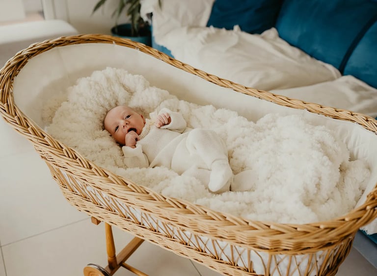 Bébé dans couffin en osier – photo naissance à domicile Gard