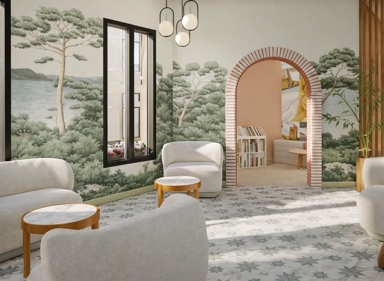 Modern lounge with nature mural wallpaper, white armchairs, and patterned tile flooring.