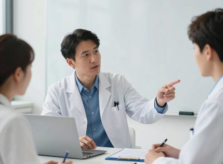 A collaborative clinical meeting in a bright hospital office, a medical IT specialist and a radiologist discussing diagnostic workflows in front of a clean white board, professional medical tones