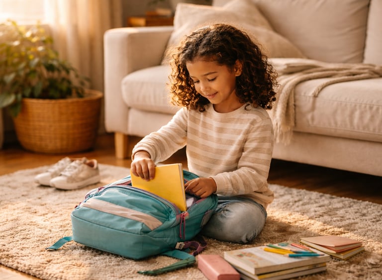 Elementary-aged child sitting on a rug at home, unpacking a backpack in soft afternoon light after school.