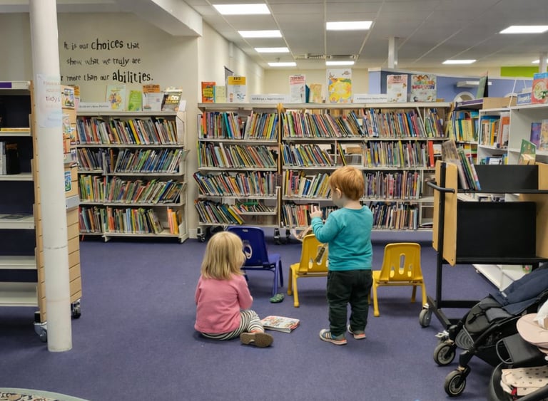 Toddlers exploring books in the children’s area of Saffron Walden Library, low shelves, colourful chairs & space for buggies.