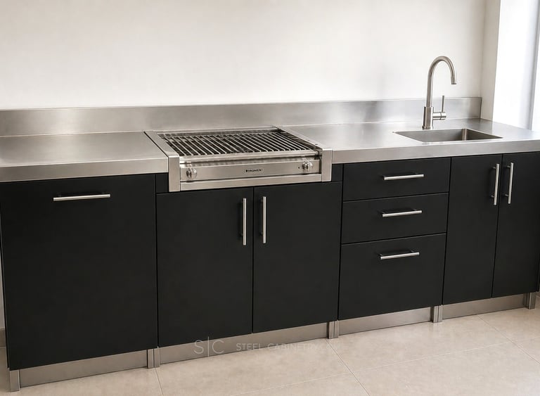 Outdoor Stainless Steel cabinetry with black powder coated doors