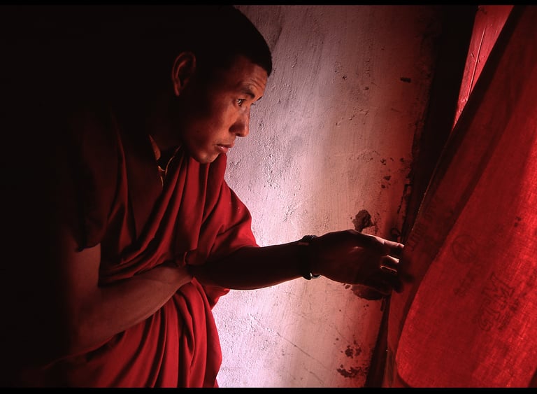 A monk looks out the window of the monastery in Leh, Ladakh.
