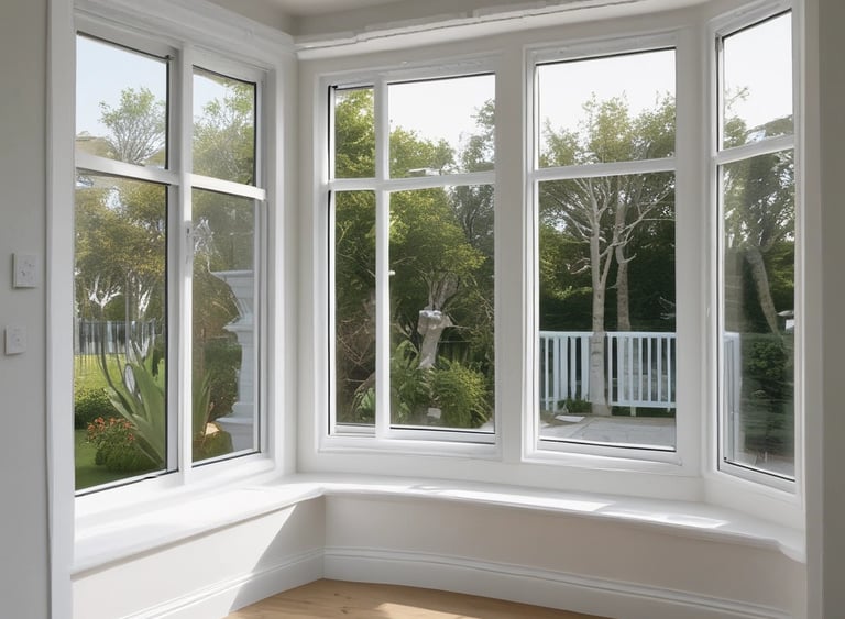 Close-up of sleek aluminum window frames with clear glass reflecting sunlight.