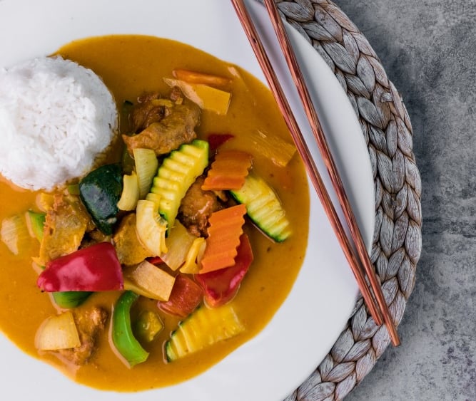 a plate of food with chopsticks