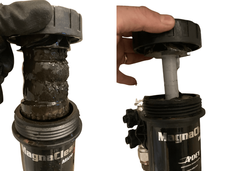 Filtre à boue magnétique avant après nettoyage lors d'un desembouage à Lyon