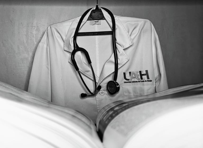 Bata con estetoscopio y libro. Autor: David Espinoza Coronel