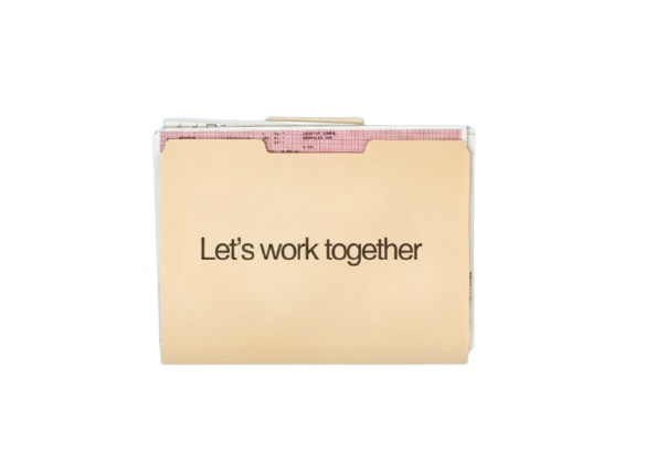 A manila office file folder with the text Let's work together printed on the front cover.