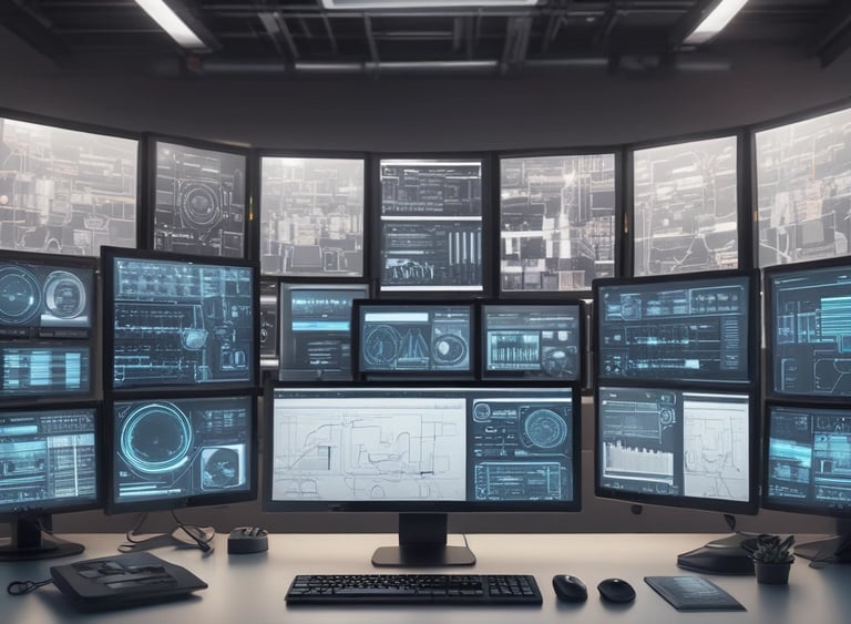 A high-tech control center workstation with multiple computer monitors displaying data and analytics.