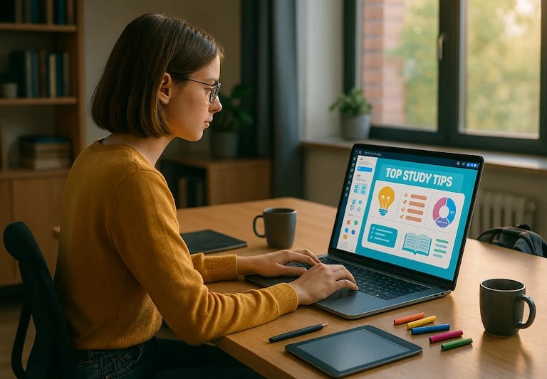 Student using Canva AI on a laptop to design educational infographics and study tips