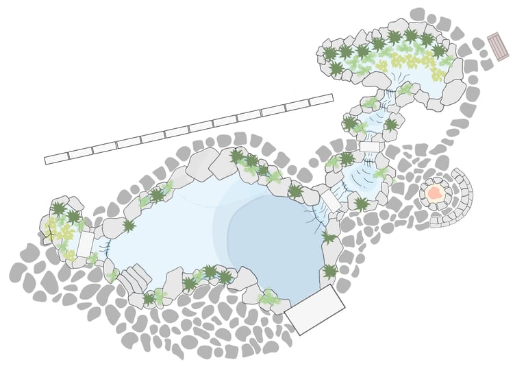 Natural pool site plan with bridge stones, waterfalls, wetland filter & patio fire pit | Aqua Vitae