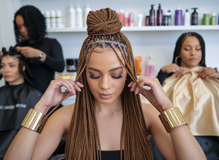 A well-lit, close-up shot of a woman with waist-length, sleek knotless braids styled into a half-up, half-down bun, with gold