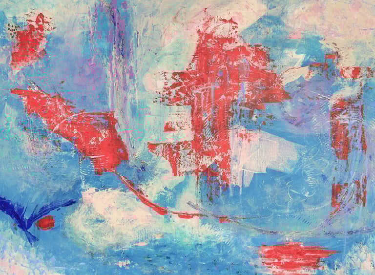red and blue painting with scratches