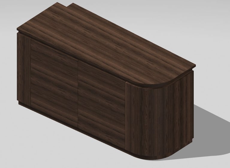 Modern dark walnut wood office credenza featuring a curved end and sliding storage doors.