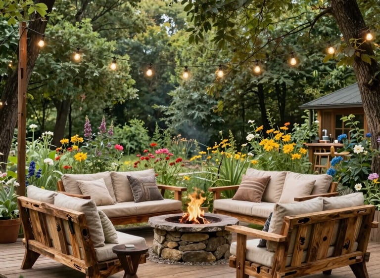 Cozy backyard wooden deck featuring a stone fire pit, outdoor sofas, and hanging string lights in a lush garden.