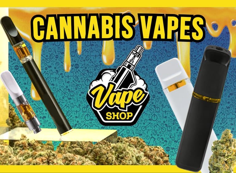 Variety of cannabis vapes and distillate cartridges displayed for a local vape shop advertisement.