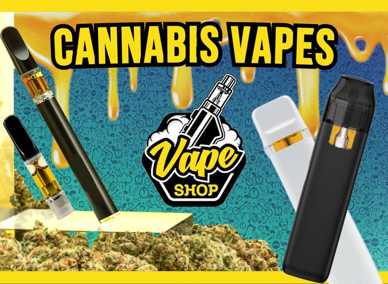 A collection of various cannabis vapes and vape pens displayed against a yellow and blue background with dried flower.