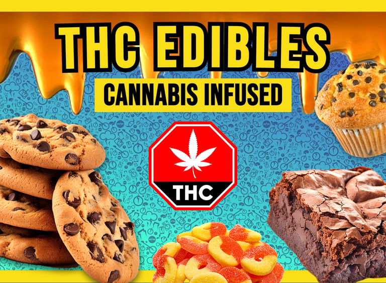 Assorted THC edibles including cannabis infused chocolate chip cookies, brownies, muffins, and gummy rings.