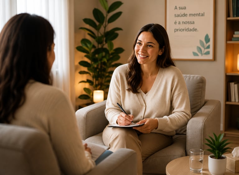A smiling female psychologist conducts a mental health therapy session in a cozy office.