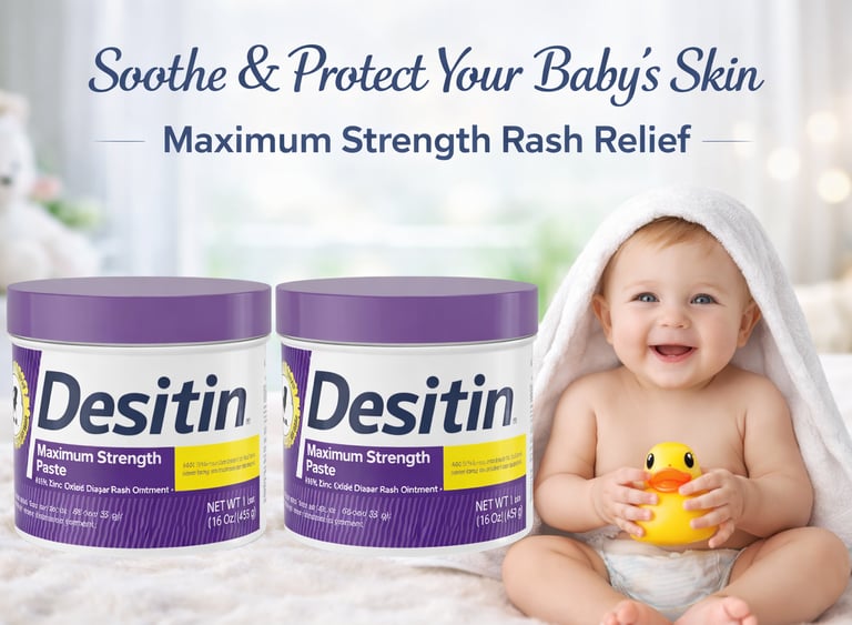 Two tubs of Desitin Maximum Strength Diaper Rash Paste next to a happy baby holding a rubber duck.