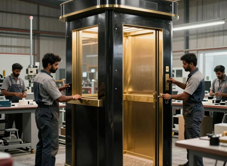 A cinematic photograph inside a high-end fabrication workshop in India. Workers in professional gear are finishing a bespoke elevator cabin made of brushed black steel with gold accents. Soft industrial lighting creates a premium, high-contrast atmosphere.
