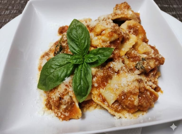 Ravioli artesanais com ragu de carne suculento, especialidade italiana no Restaurante Big Game Maio.