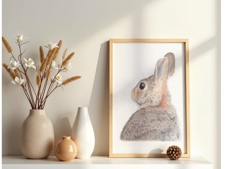 a rabbit drawing next to a vase with flowers