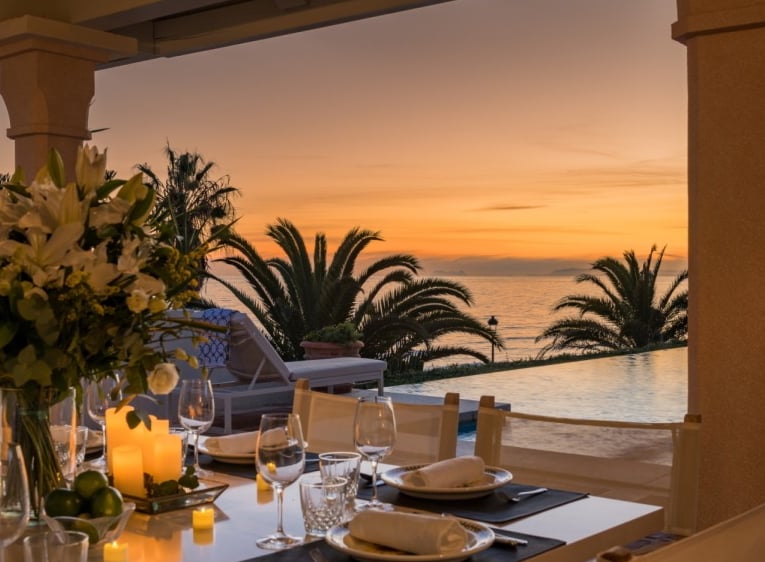 Dramatic sunset at Villa El Rincon in Marbella from the main pool area.