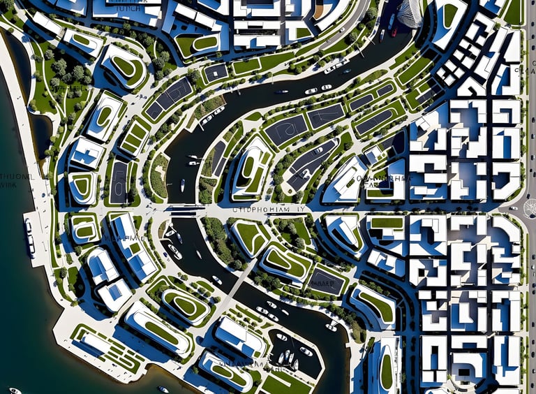 Waterfront urban masterplan architecture organized by canals and walkable public spaces in Abu Dhabi