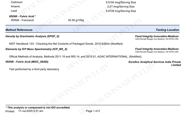 Lab report of prime gold shilajit from eurofins USA showing 45.39 fulvic acid 