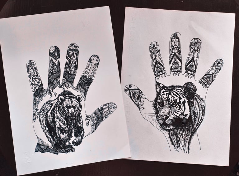 duo hand handgetekend krachtdier tijger beer