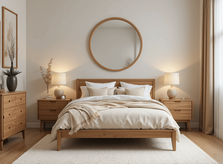 Dormitorio moderno y acogedor con espejo redondo sobre cómoda de madera y decoración en tonos neutro