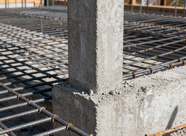 Reinforced concrete column and steel rebar grid at a construction site foundation.