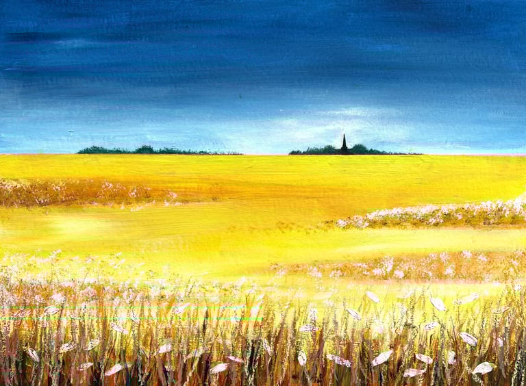 Acrylic painting of yellow corn fields and Astbury church in the distance