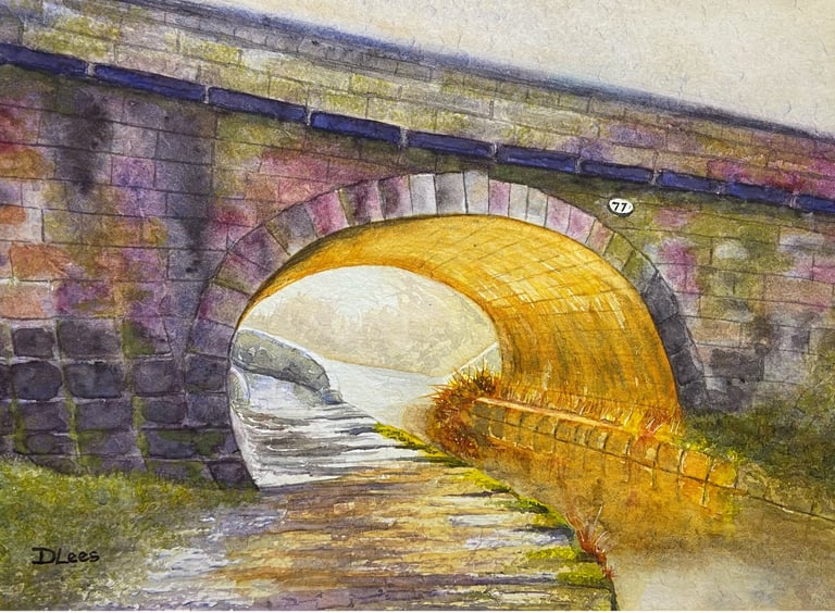Watercolour of Snaily Bridge in Congleton with sunset reflecting off icy canal