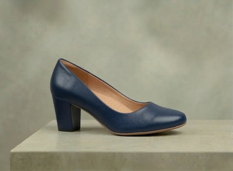 Zapato de tacón de cuero azul marino para mujer, calzado formal