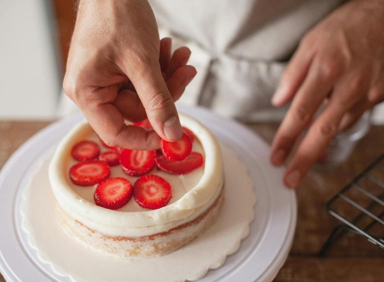 epostero decorando una naked cake con frosting blanco y rodajas frescas
