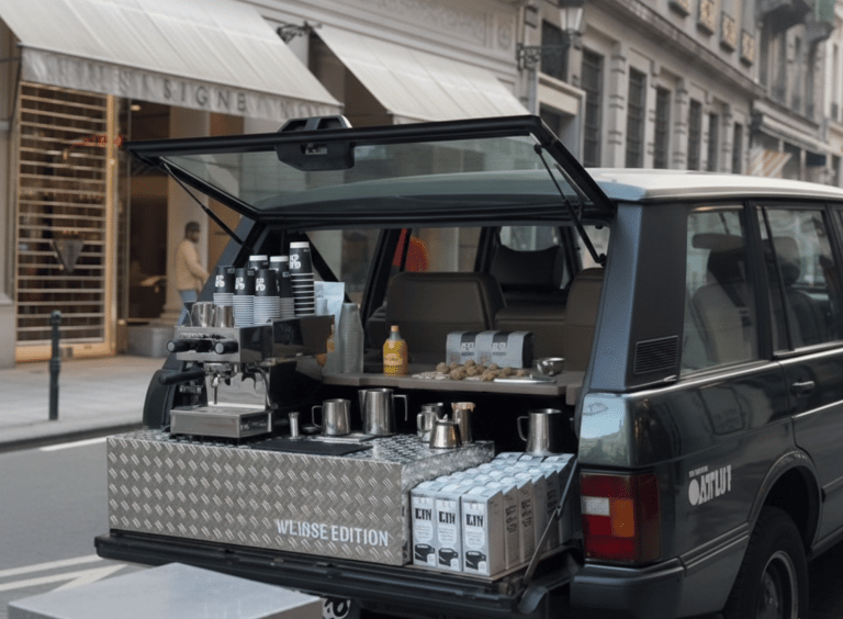 A mobile espresso bar coffee station built into the trunk of a vintage Range Rover on a city street.