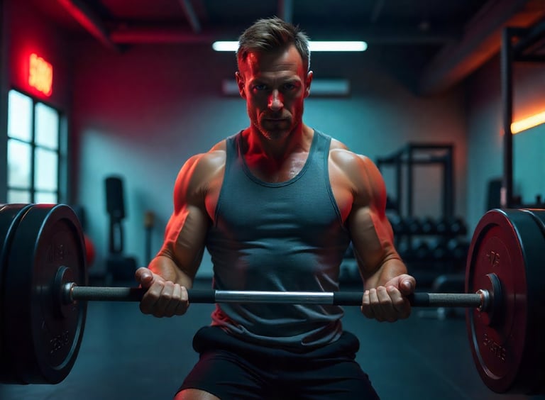 A middle-aged Caucasian man lifting a barbell in a modern gym with dark lighting
