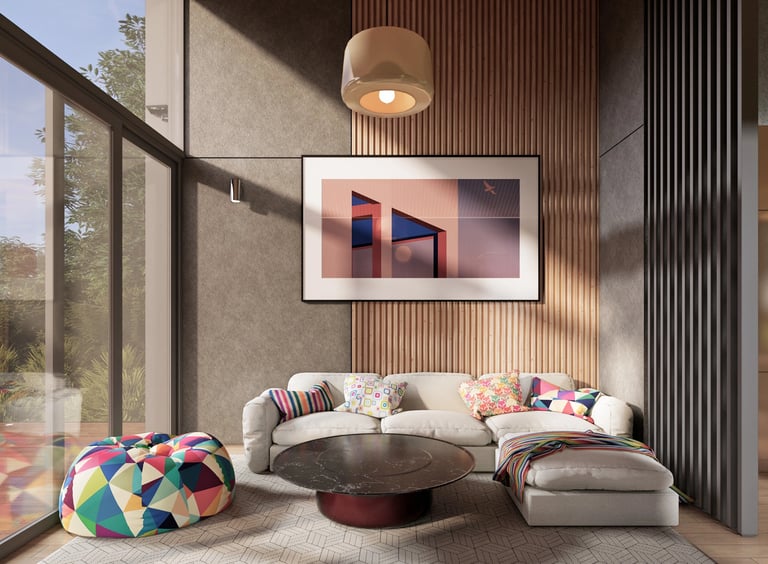 Open-plan living space with floor-to-ceiling windows framing forest views, custom timber wall cladding, wall acoustic panels