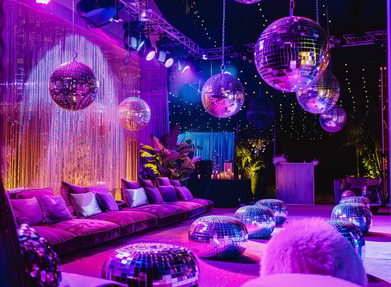a room with a couch and disco ball decorations