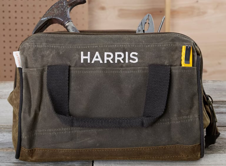 a tool bag with a hammer 
