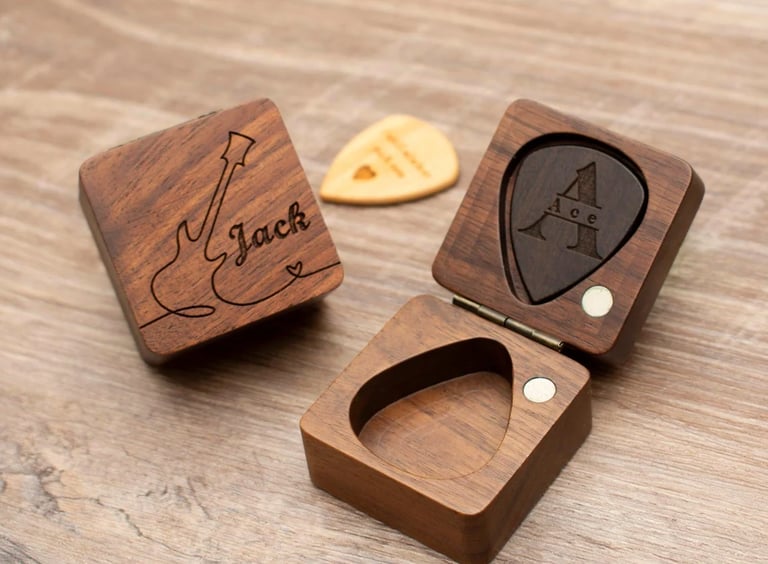 a wooden box with a guitar pickle on it