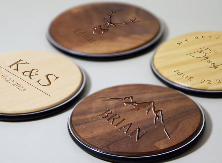 three wooden coasters with a wooden plaque on the top