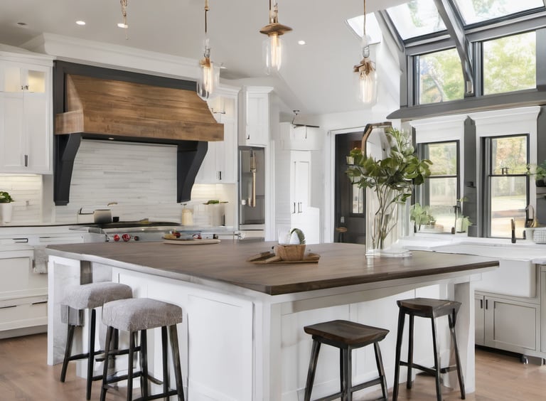 Mordern kitchen with a large island and a wooden table, Home renovation in the GTA